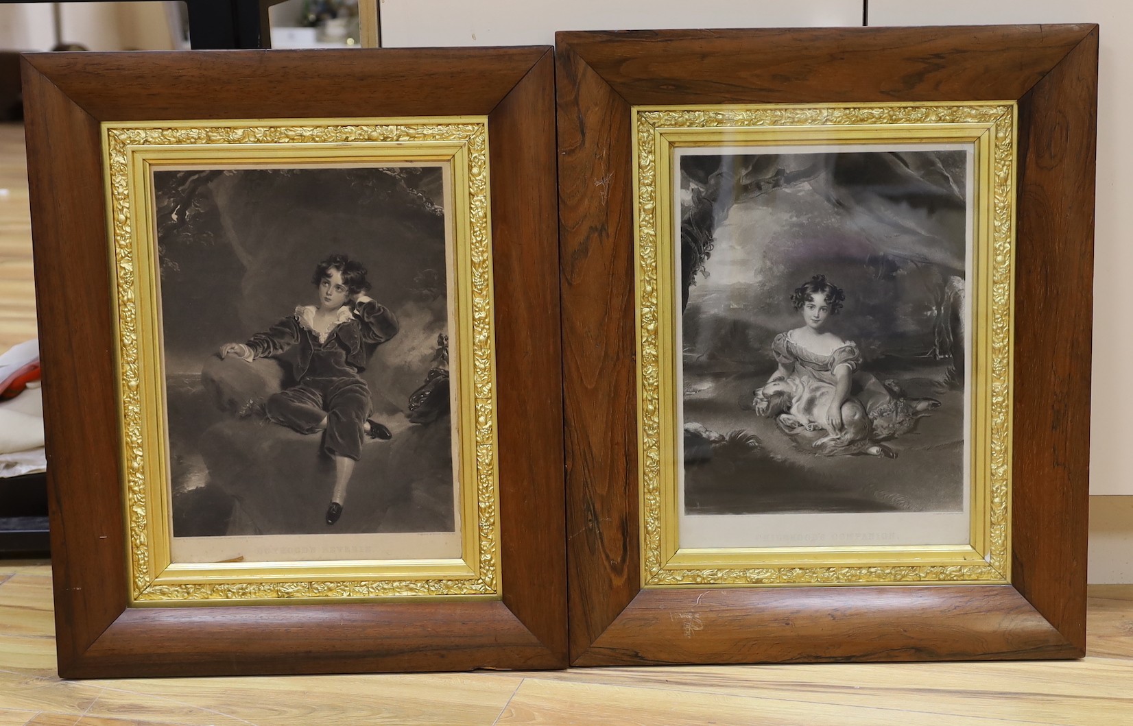 Samuel Cousins after Sir Thomas Lawrence, pair of mezzotints, 'Childhood's Companion' and 'Boyhood's Reverie', 43 x 31cm, original rosewood frames